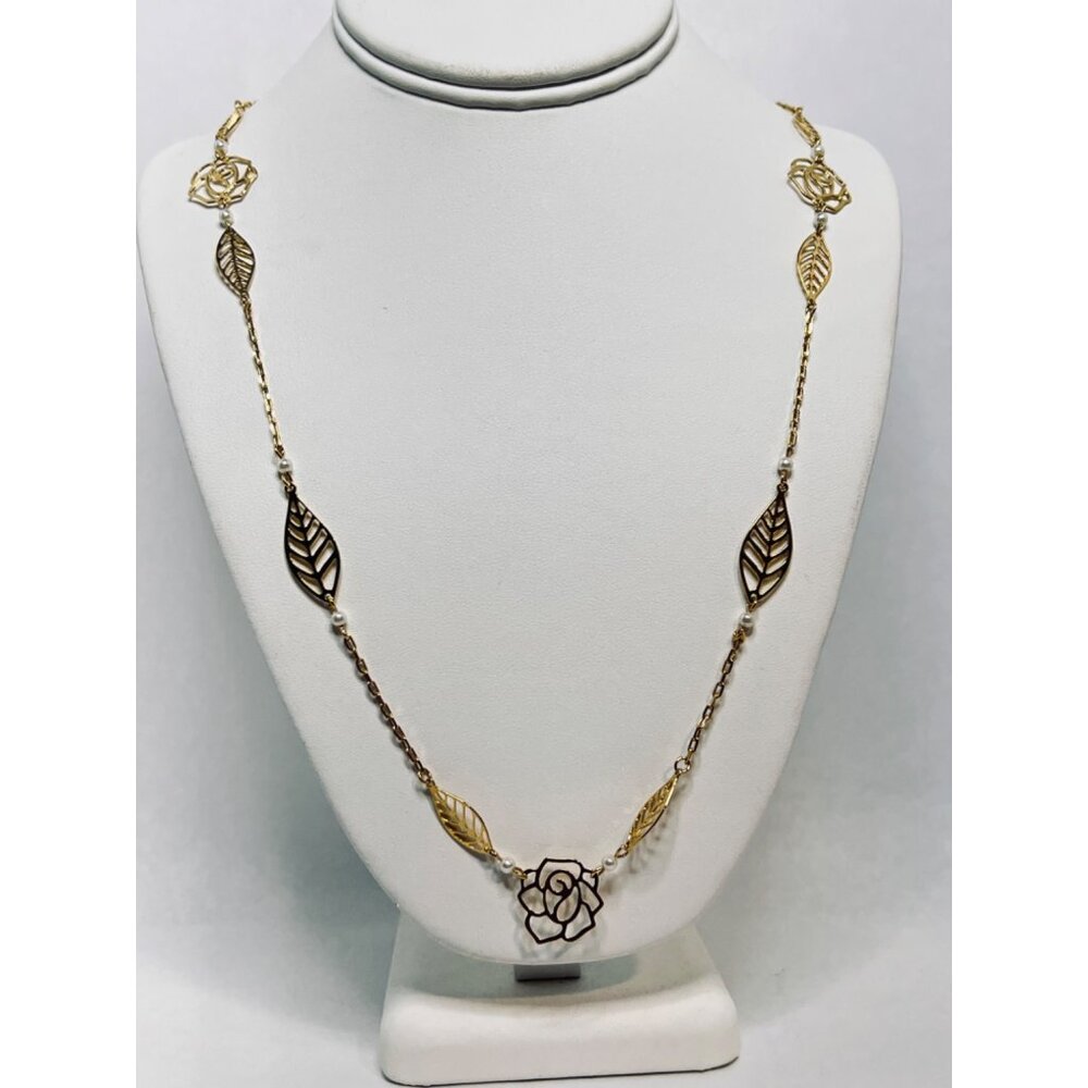 Faux Pearl, Gold Tone Open Work Rose And Leaf Cable Chain Necklace (5407)
